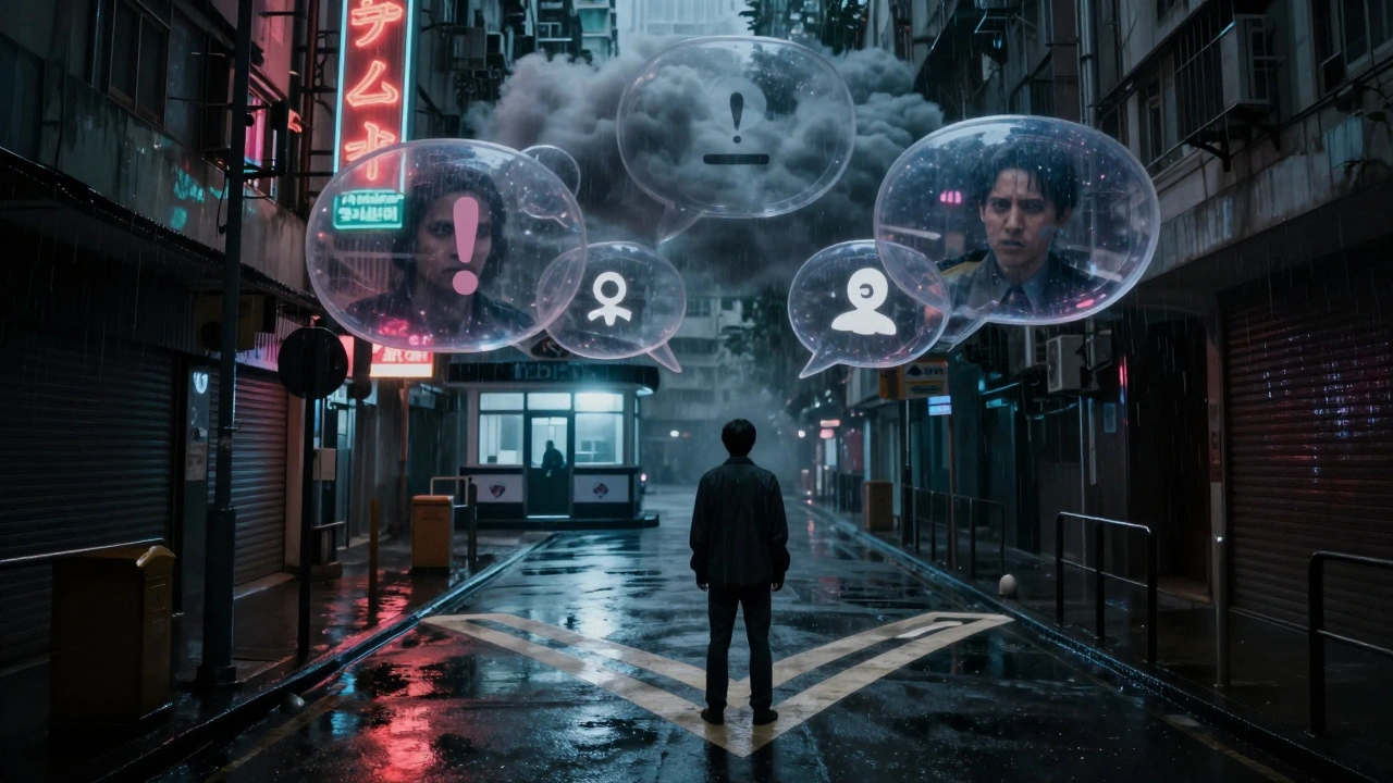 在雨夜香港小巷中，一个人面临着警局与黑暗深渊的抉择，上方漂浮着威胁性的气泡。